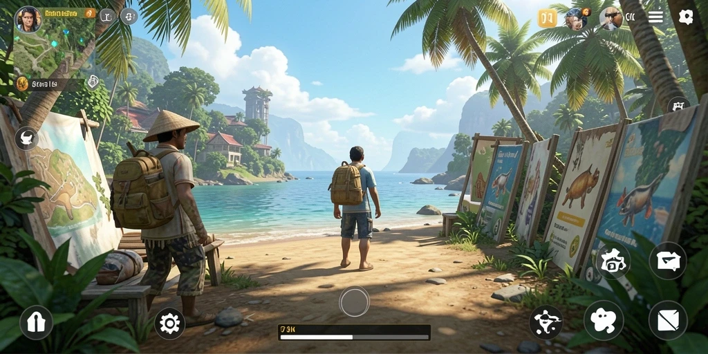 Screenshot gameplay 73K menampilkan karakter sedang berinteraksi di lingkungan simulasi.