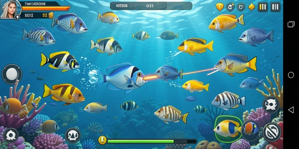 Screenshot menunjukkan gameplay seru menembak ikan di ADS508.