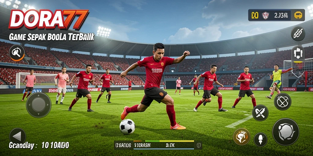 Tampilan utama gameplay DORA77 dengan aksi sepak bola yang seru.