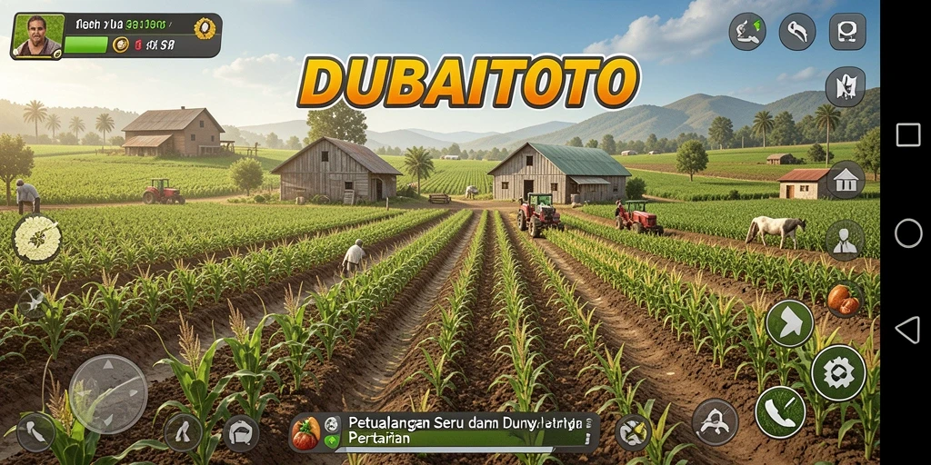 Tampilan gameplay seru dalam DUBAITOTO yang menunjukkan aktivitas bertani.