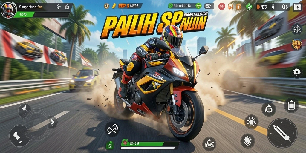 Tampilan gameplay balapan motor yang mendebarkan dan mengasyikkan.