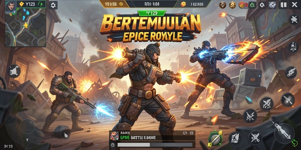 Tampilan gameplay pertempuran seru di YY123, penuh aksi.
